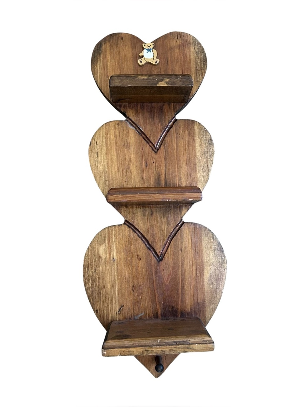 Vintage Teddy Bear Wooden Heart Wall Shelf 3 Tier Rustic Country Decor 20”